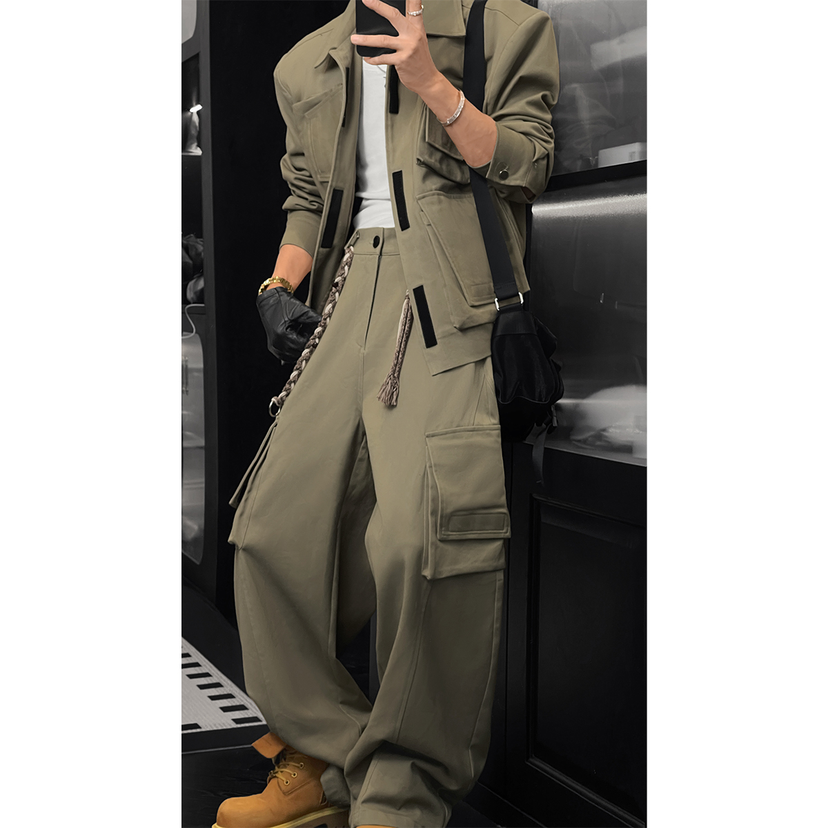 龙叨叨秋季新款潮流复古美式百搭廓形翻领夹克宽松工装长裤套装