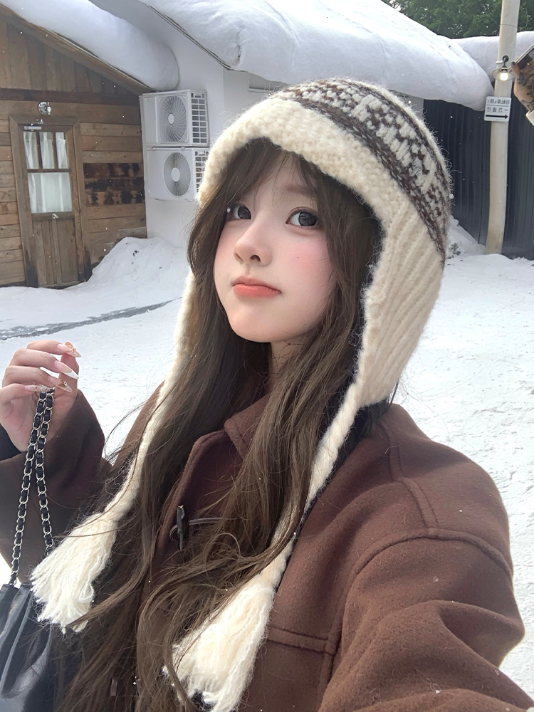 费尔岛毛线帽子女款秋冬季2025新款显脸小护耳保暖防寒加厚雷锋帽