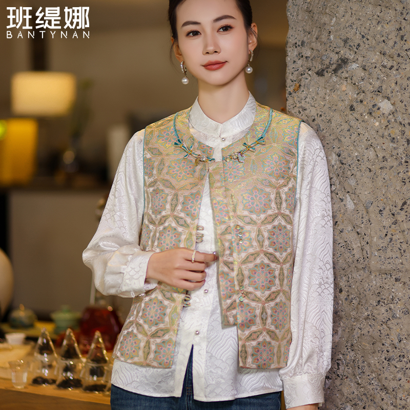 女装国风印花新中式马夹百搭常规女士马甲时尚复古民族风气质拼接
