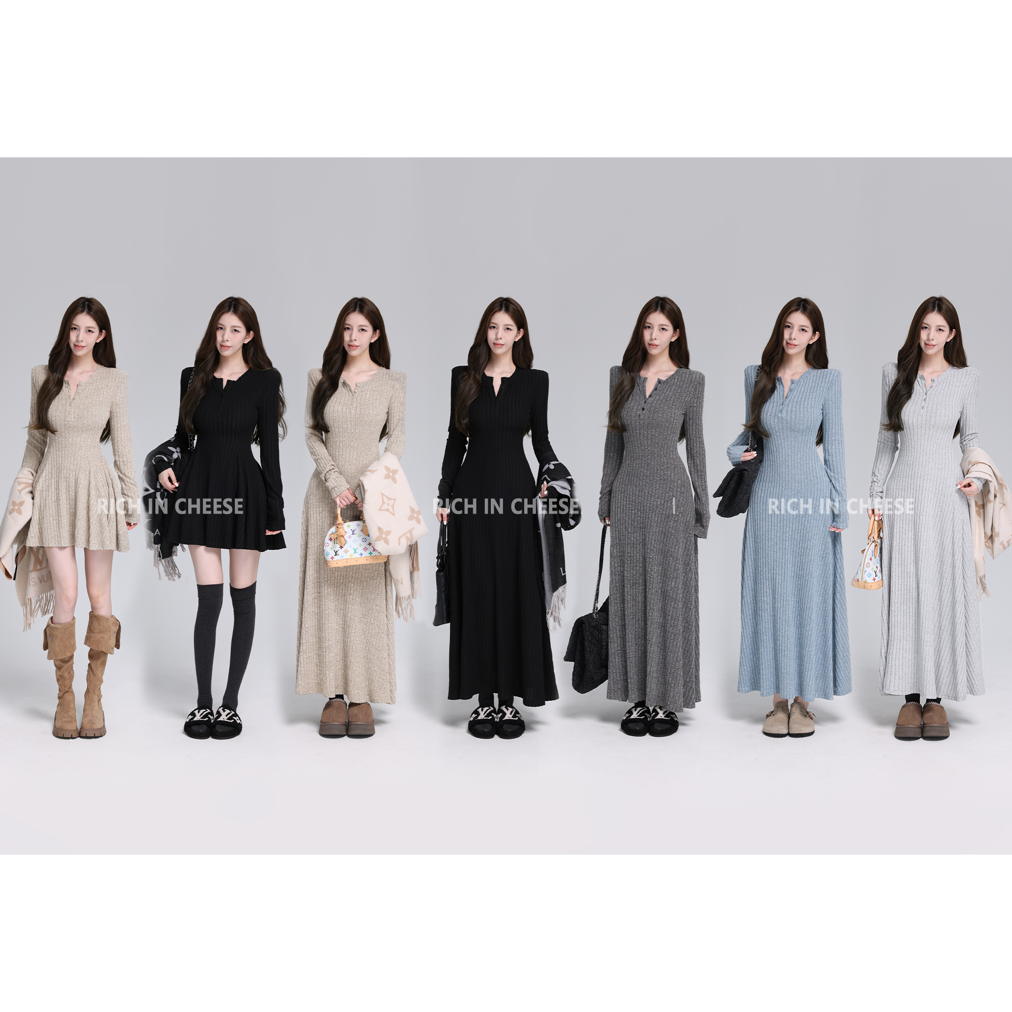 舒胡蕾 韩漫天菜【系列合集】秋冬磨毛坑条针织气质收腰连衣裙