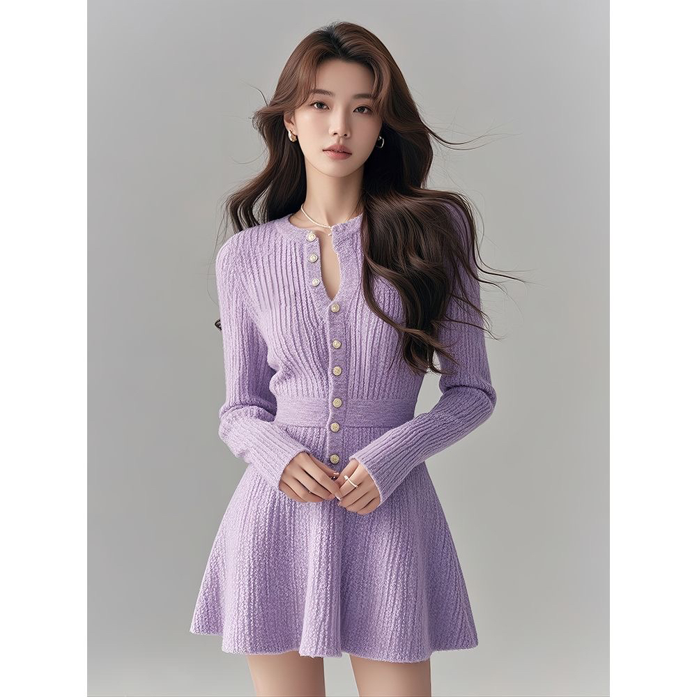 冬日内搭连衣裙韩系慵懒紫色针织2025秋别致独特收腰A字裙小个子