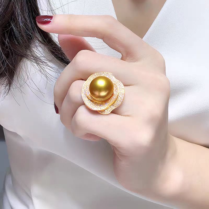 合金戒指 秋冬新款气质金色大点位卡14m玫瑰花戒指镶嵌奢华优雅女