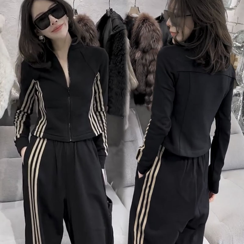欧货2025春季新款时尚洋气减龄显瘦立领条纹卫衣外套阔腿裤两件套