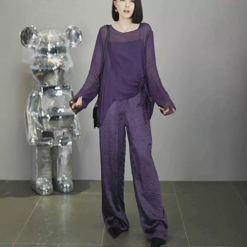 秋装搭配一整套高级感气质简约薄款长袖T恤女高腰垂感宽松阔腿裤