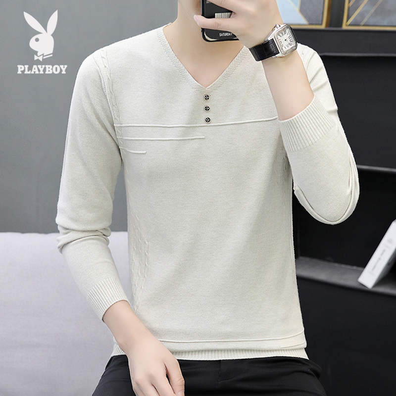 花花公子男士薄款V领针织衫青年薄款毛衣纯色休闲帅气打底衫卫衣