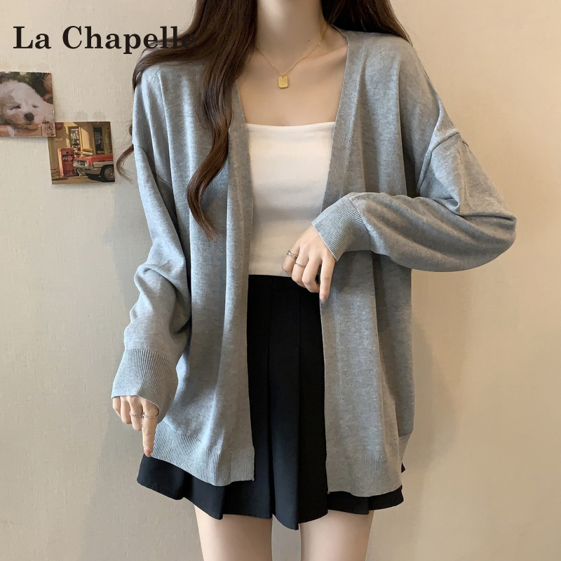拉夏贝尔长袖针织开衫女早秋款2025胖mm显瘦宽松吊带外搭披肩上衣