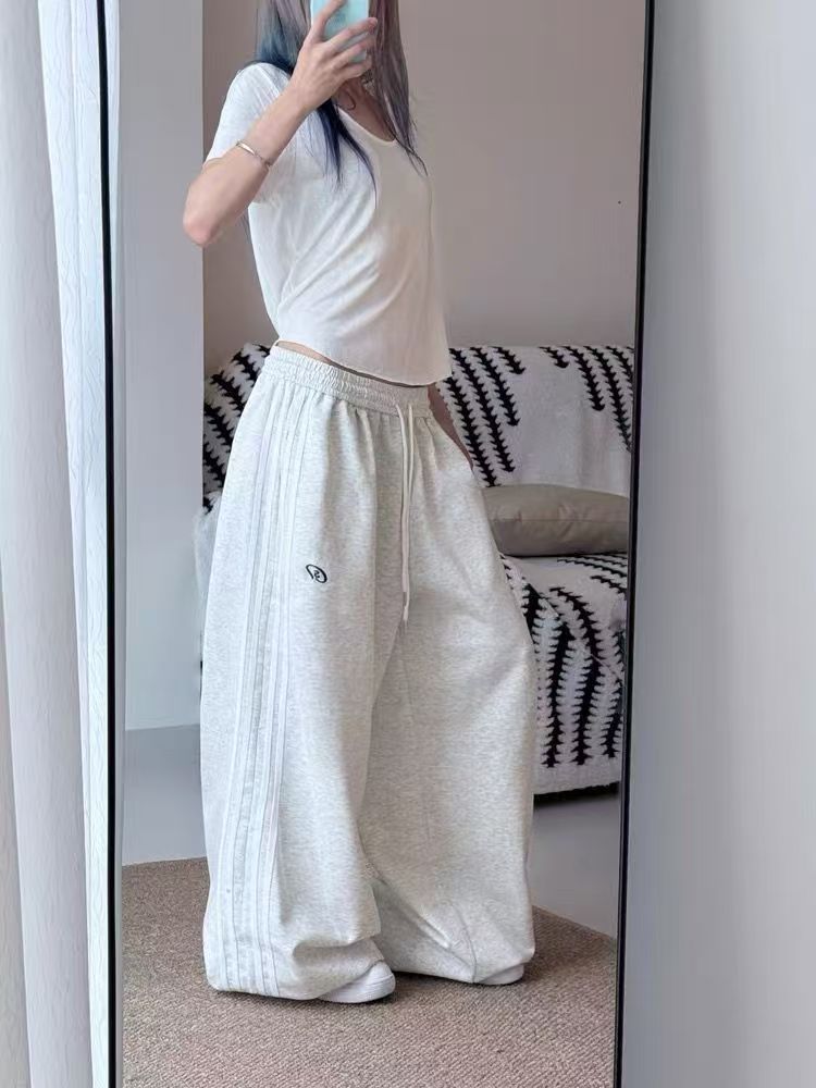 女款美式条纹拼色宽松休闲运动女卫裤低腰阔腿抽绳慵懒拖地长裤