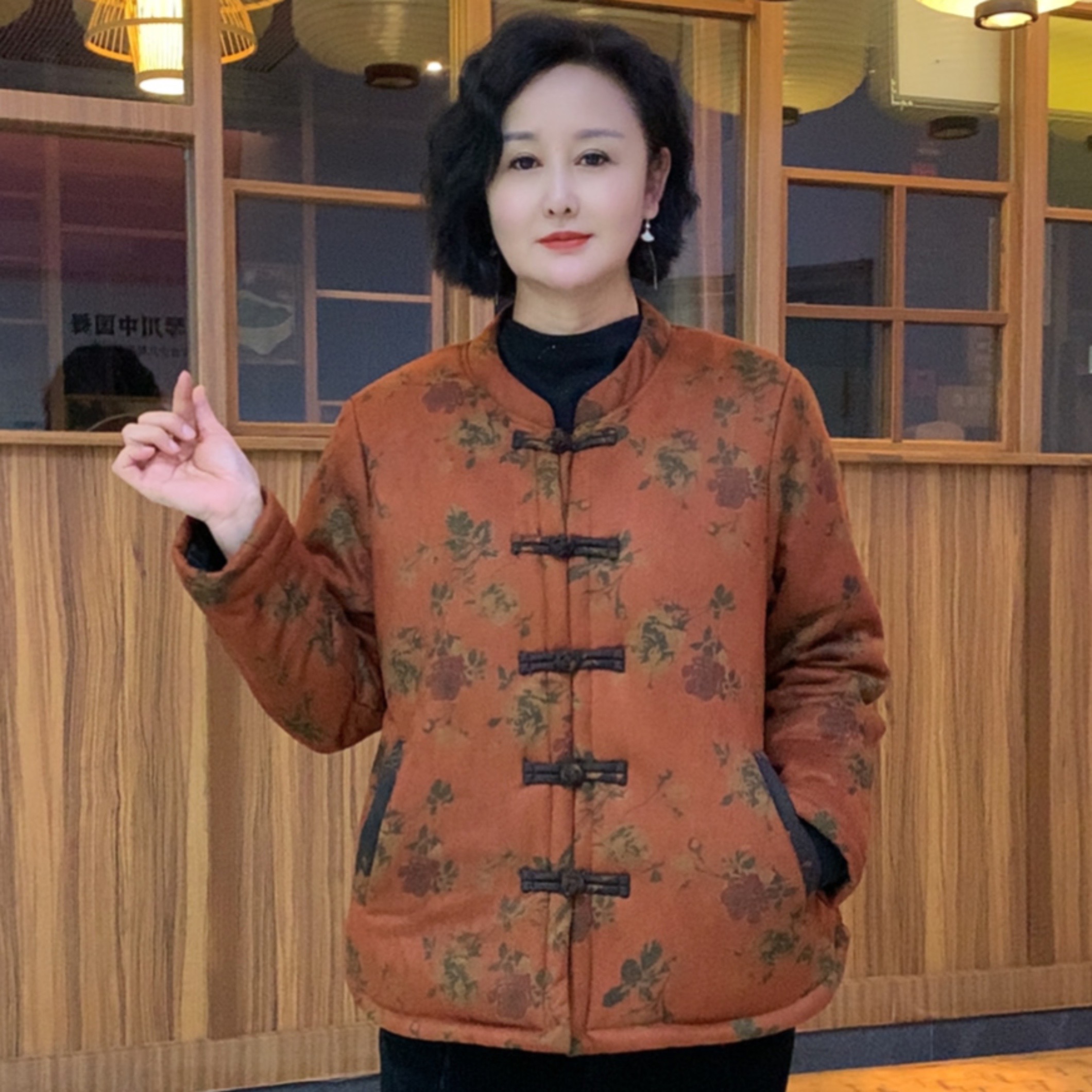 秋冬短款休闲风圆领印花时尚中式加厚棉服中老年妈妈装