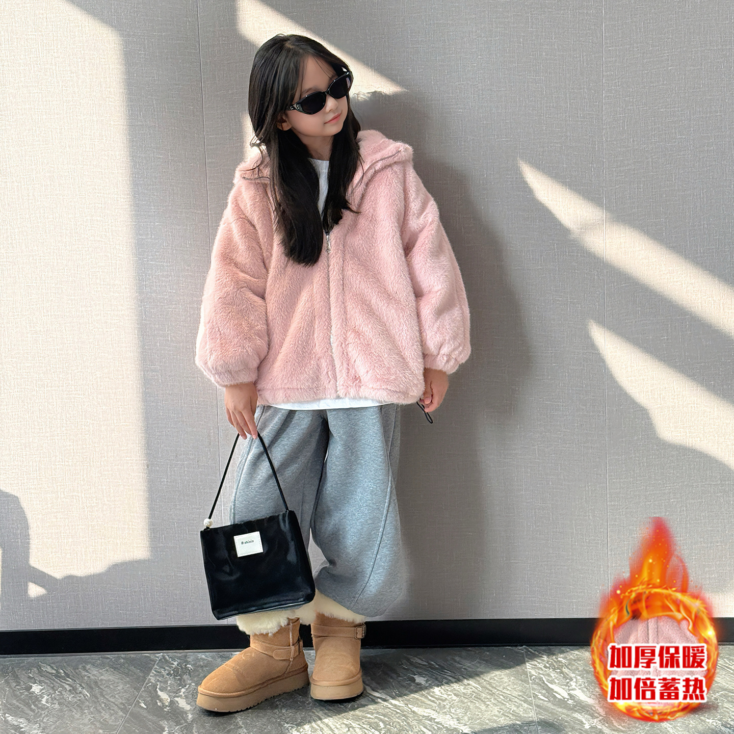 女童套装洋气加厚保暖连帽毛毛外套叠穿加绒弯刀裤2025冬中大童潮