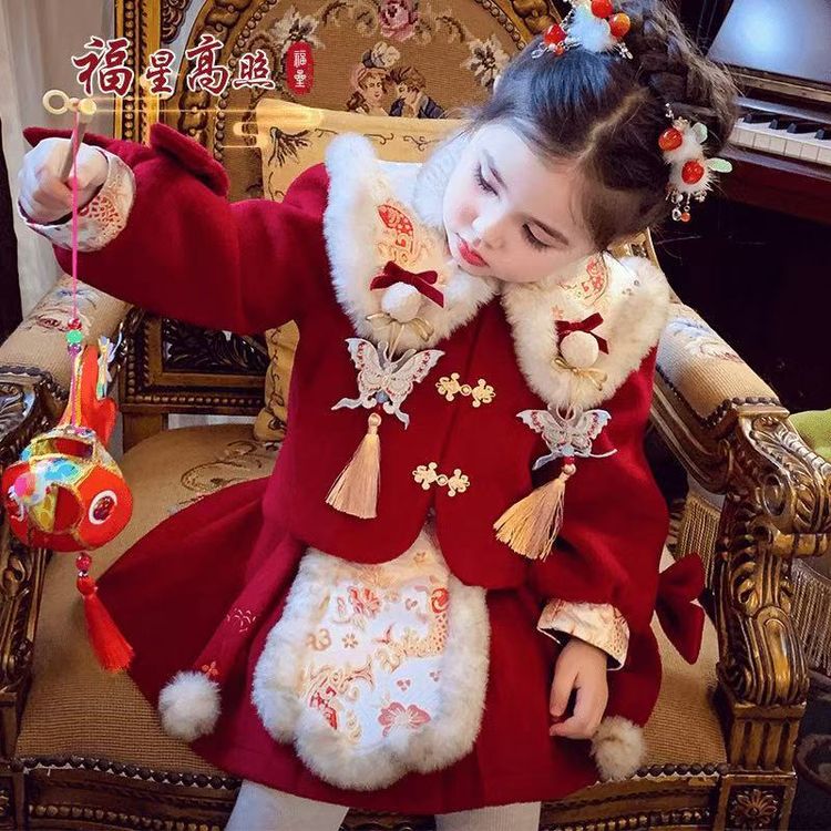 【现现】米米哈罗女童冬款时髦中国风加绒外套半身裙套装D240155