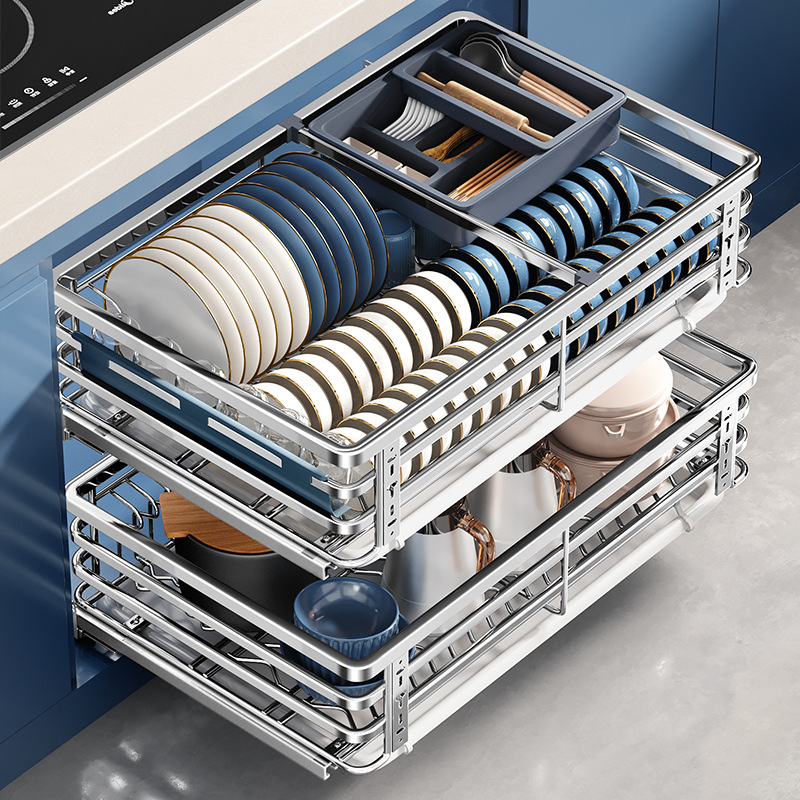尔沫拉篮厨房橱柜304不锈钢双层抽屉式碗柜碗碟收纳内置碟架碗篮