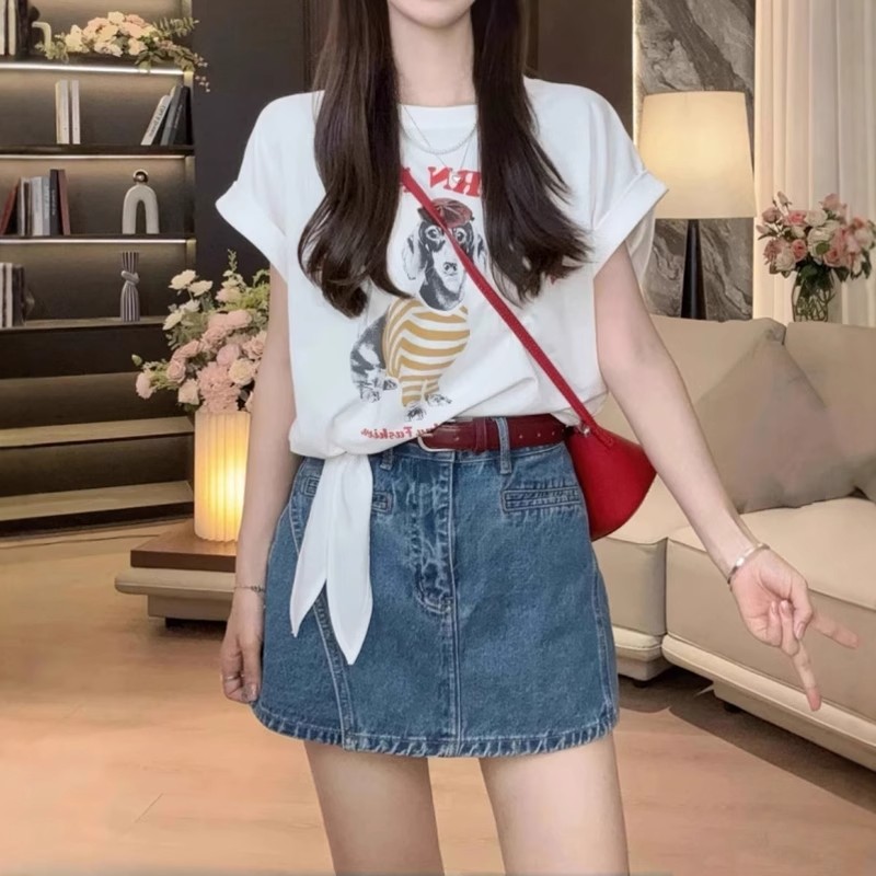 不规则下摆绑带印花短款上衣夏季胖MM大码女装美式复古短袖T恤女