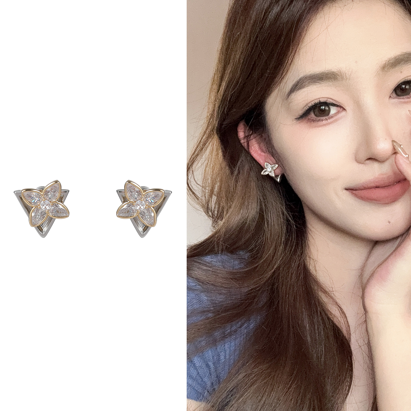 oushipei/欧诗佩 铜合金合成锆石耳饰 轻奢闪钻四叶草耳钉前后式