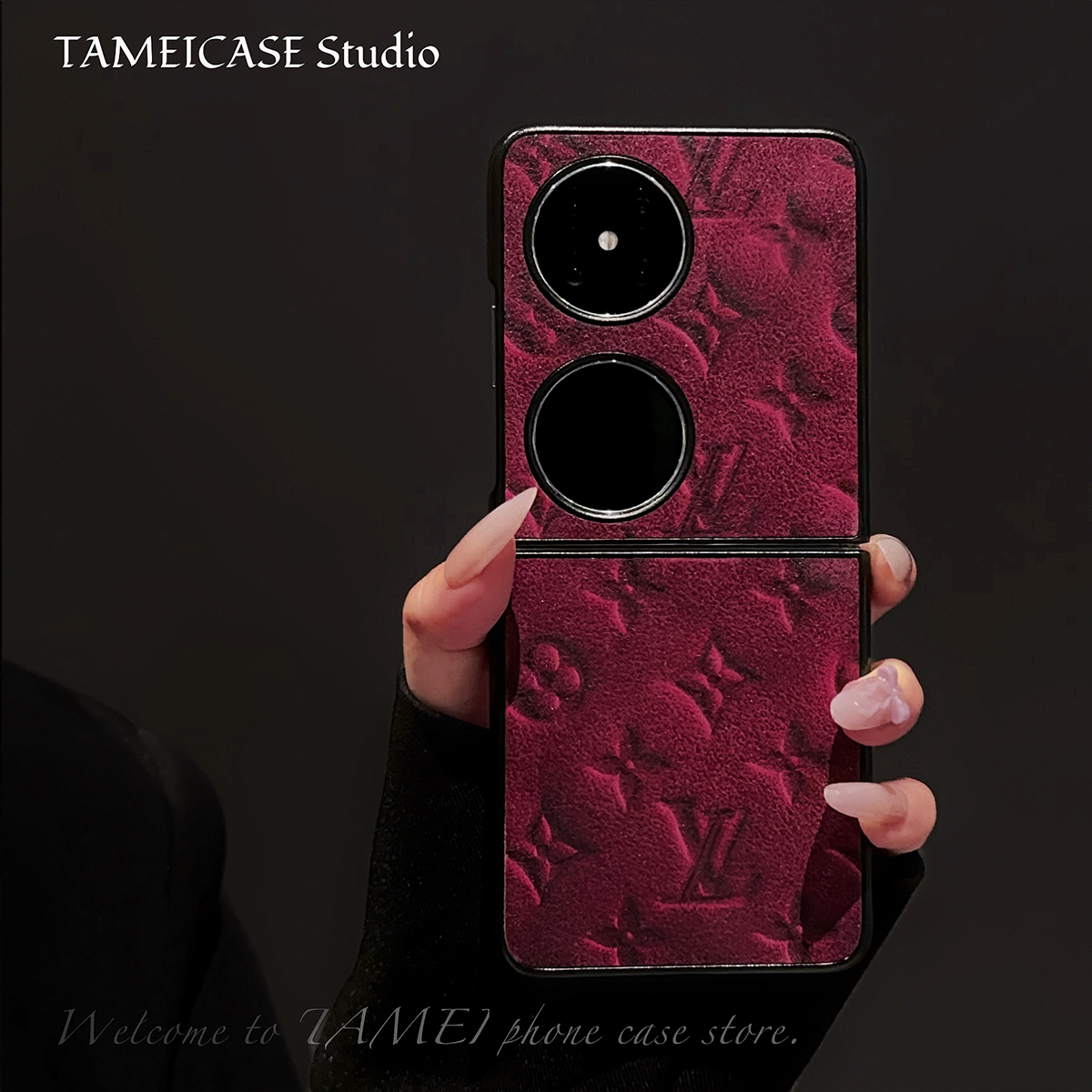 酒红轻奢图案羊皮适用华为pocket2手机壳FINDN3FLIP折叠屏pockets