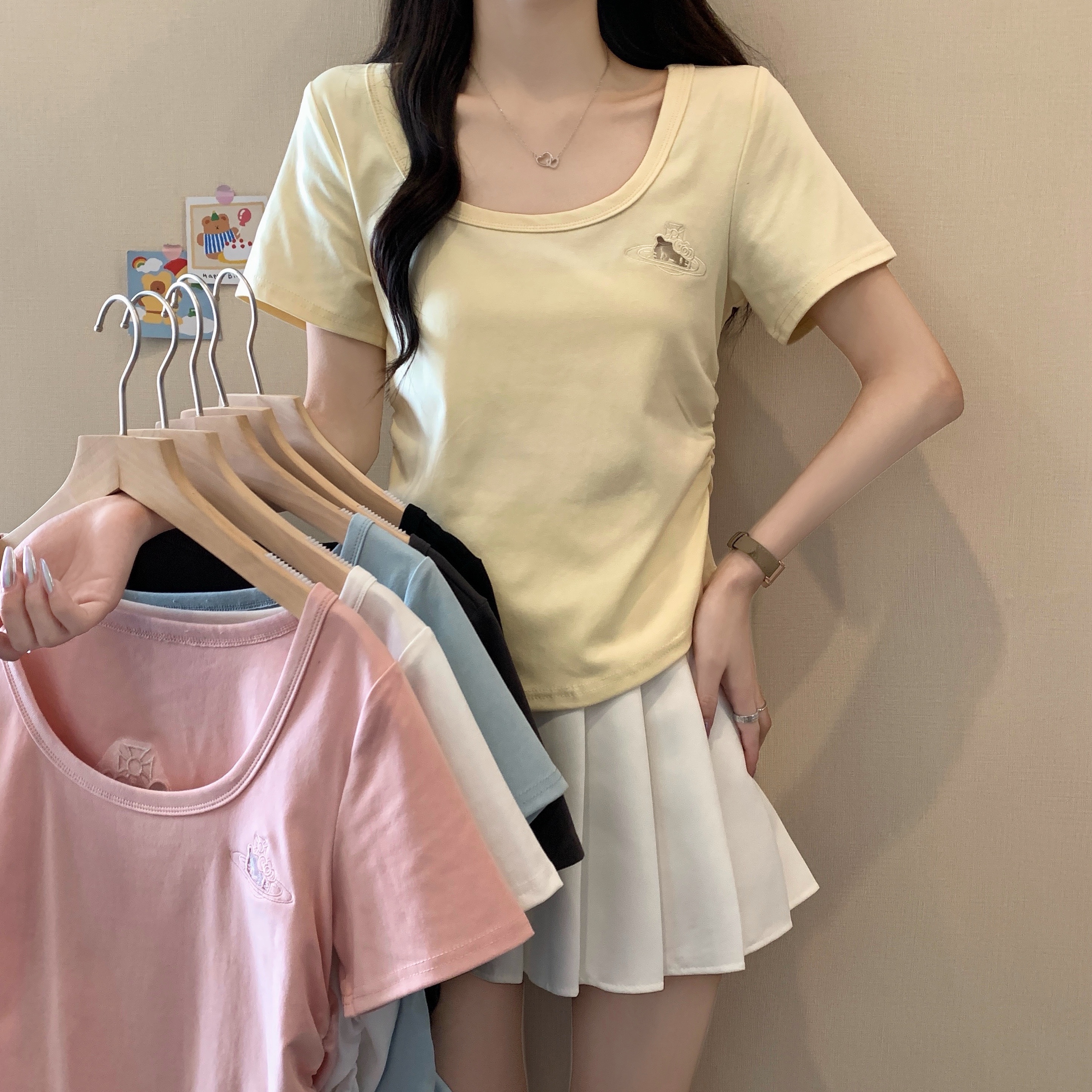 【6601】大码女装胖mm夏设计感欧若风显瘦刺绣纯色短袖T恤上衣