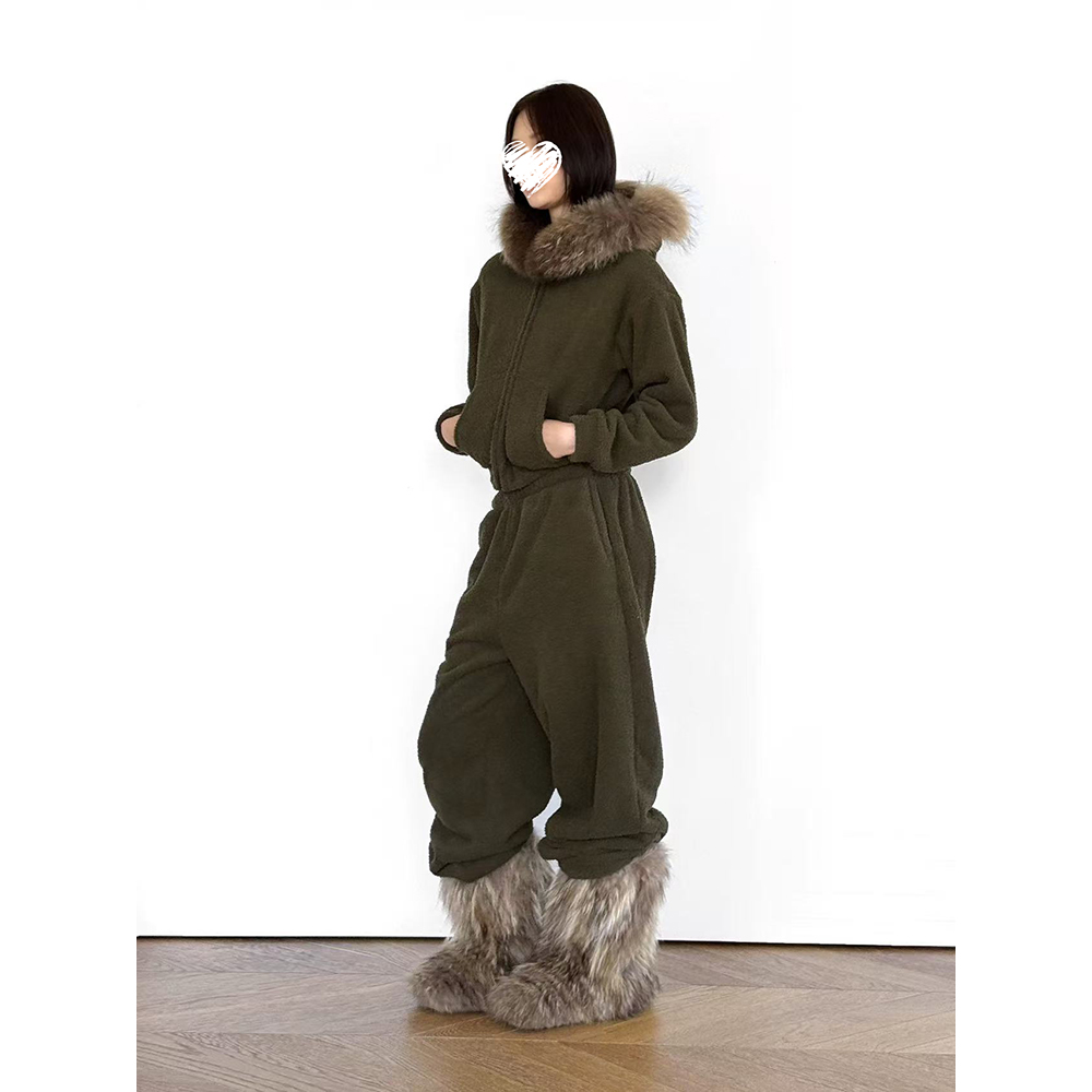 毛领加绒外套咸菜色短款卫衣女秋冬宽松长裤 套装 61133