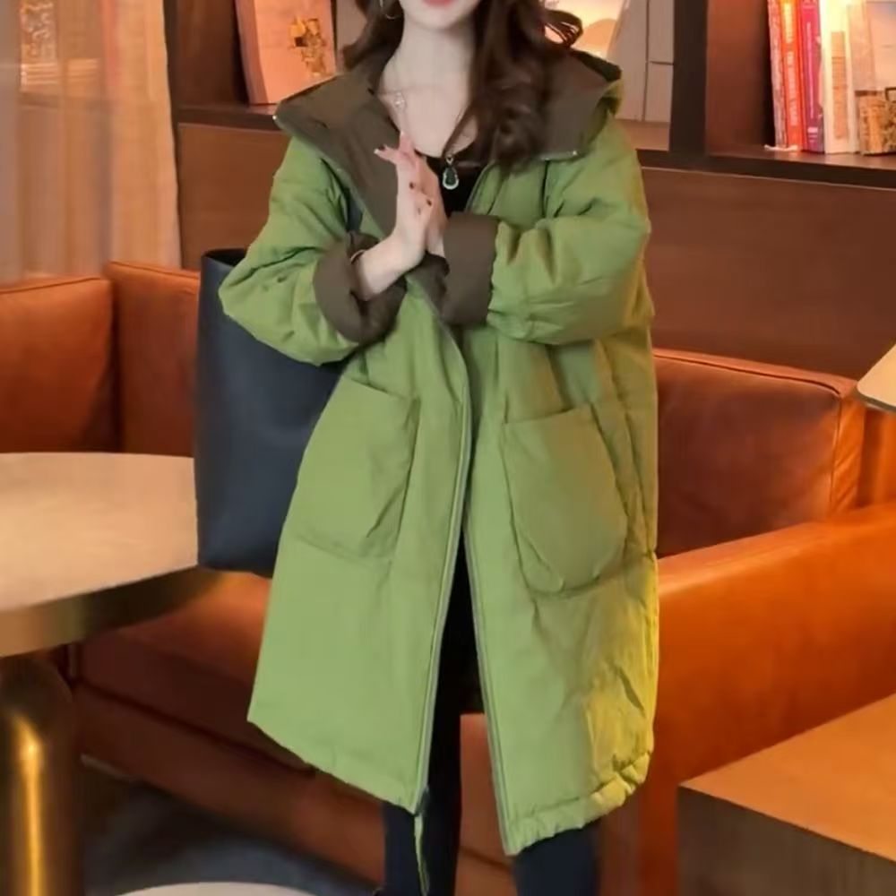 复古气质休闲宽松中长款连帽棉服女款冬季加厚棉衣冲锋衣夹棉外套