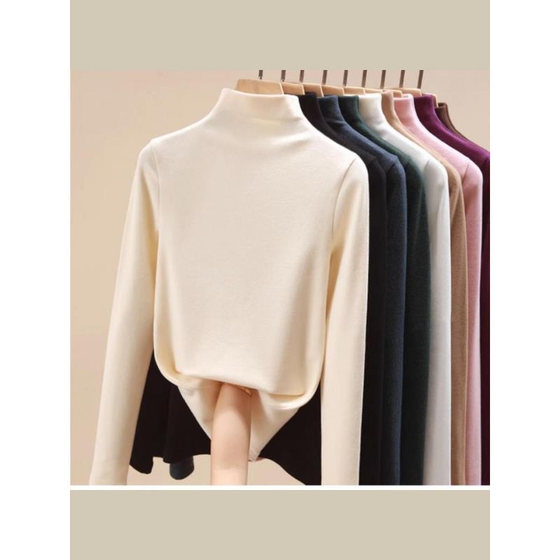 双面德绒小立领打底衫女秋冬新款大码长袖体恤修身内搭显瘦上衣潮