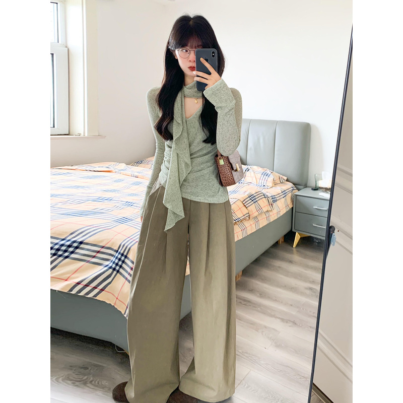 别致绿色飘带针织衫女装2025秋季新款薄款设计感小众修身显瘦上衣