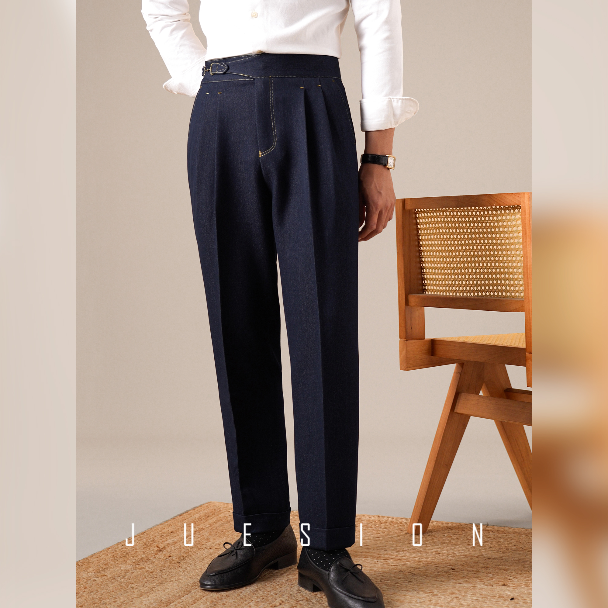 JUESION 复古高腰牛仔裤男休闲商务百搭直筒长裤可调节廓尔格西裤