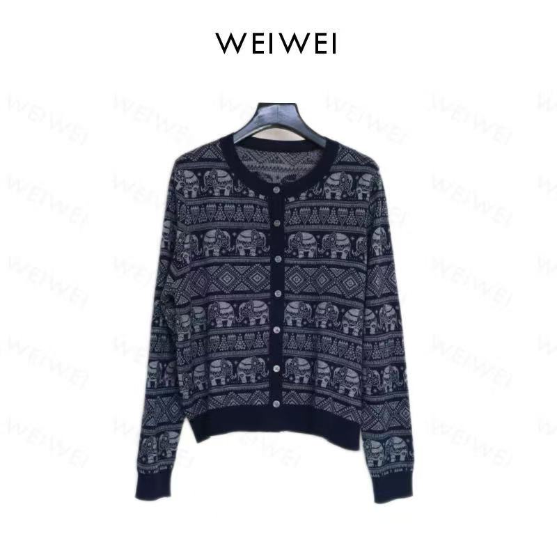 圆领拼色提花针织开衫wr014