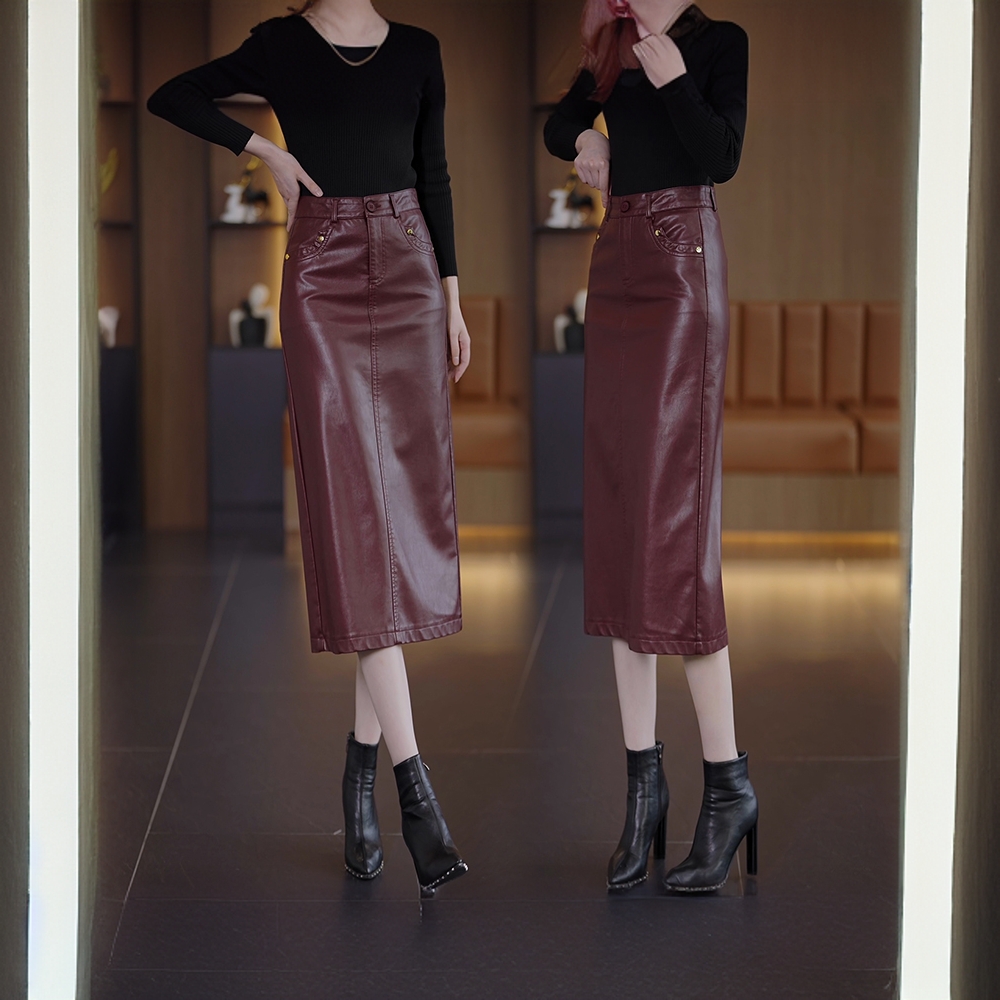pu皮半身裙女2025秋冬季新款高腰开叉中长款一步包臀裙子安可拉红