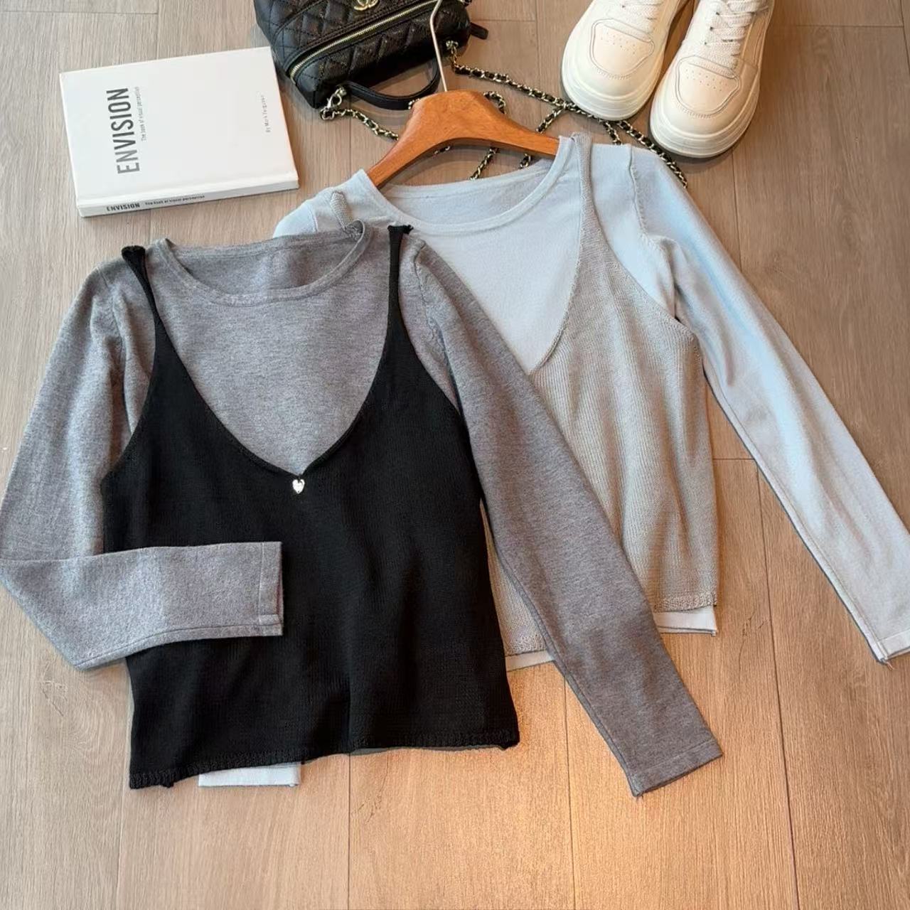 现货】2025初秋新款圆领纯色打底背心马甲叠穿两件套针织背心8101