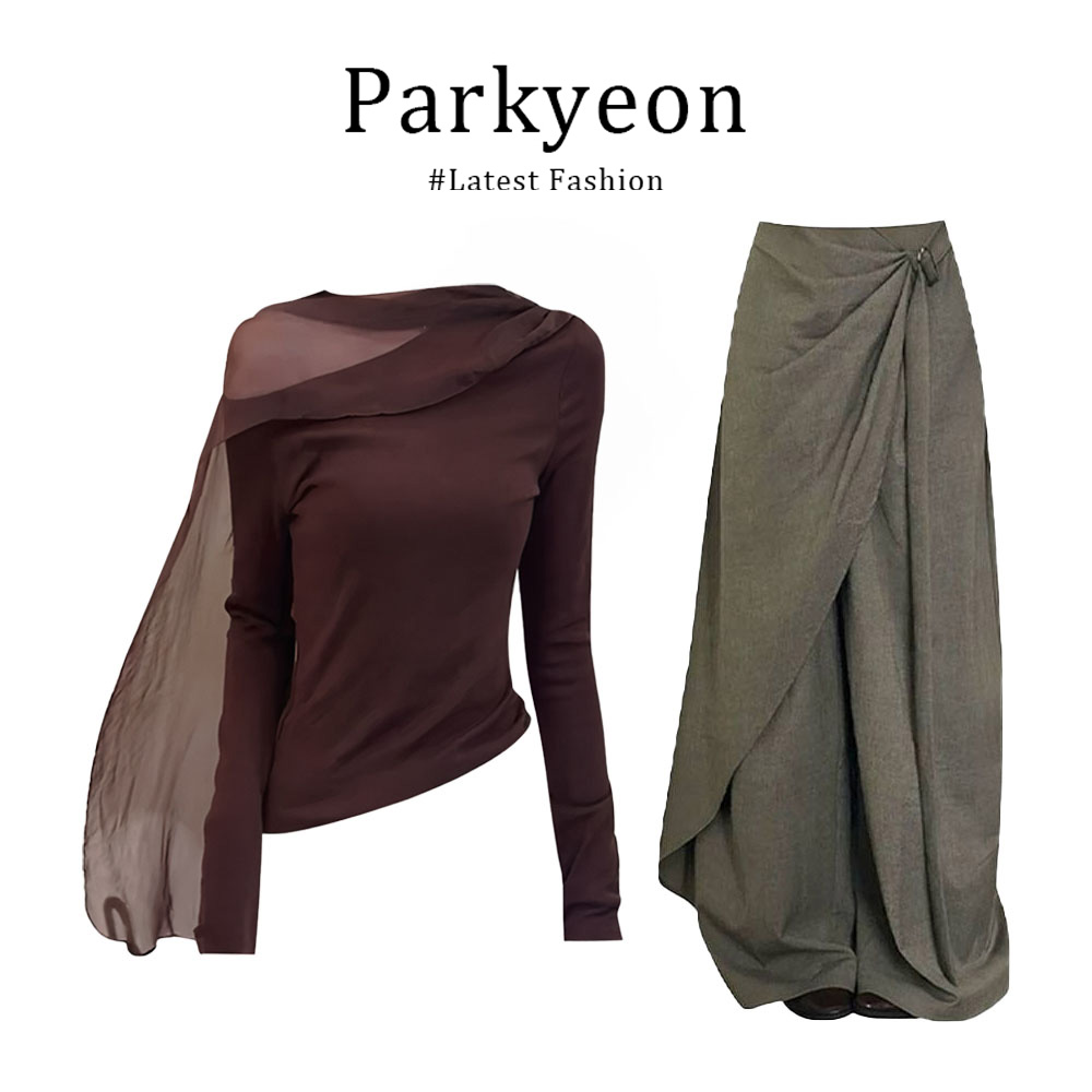 INS CEC美拉德斜肩露肩网纱飘带针织衫设计感宽松阔腿长裤套装女