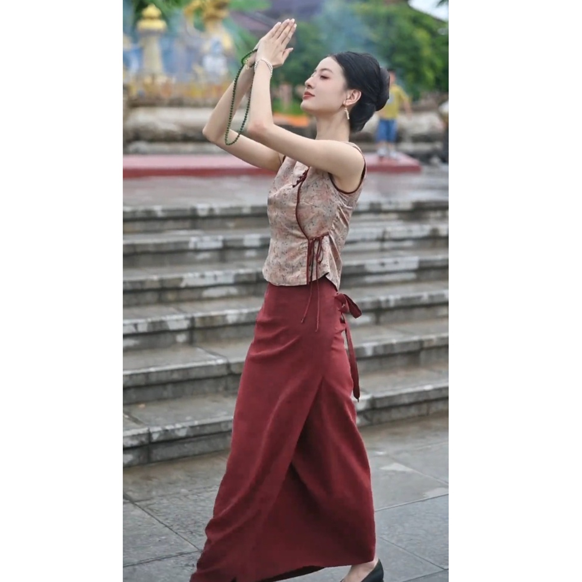 【现货】新中式禅意古风少女减龄穿搭红色斜襟旗袍裙巨好看国风套装