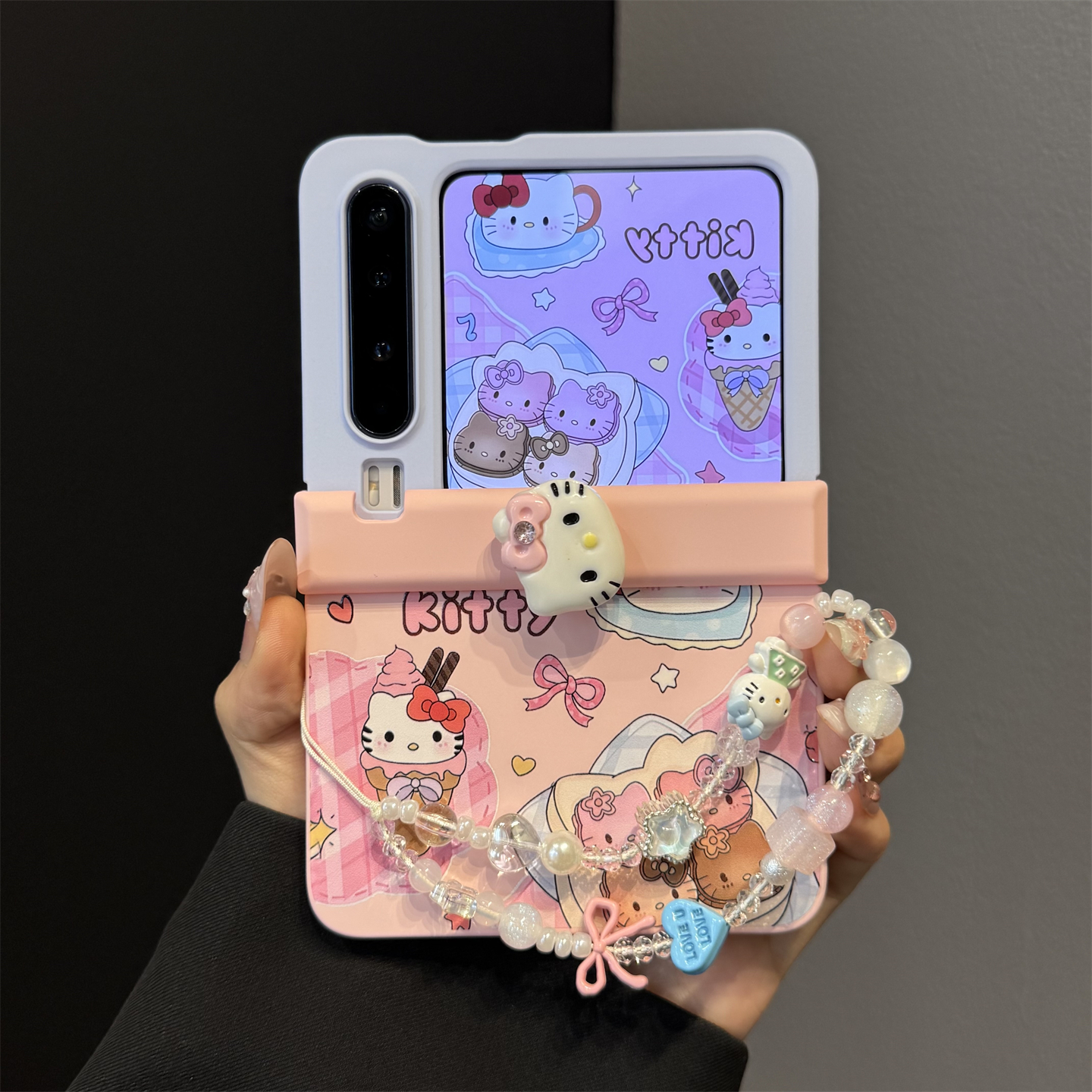 适用华为purax典藏版折叠屏手机壳pocket2蓝粉黄白色旋转kt猫链条