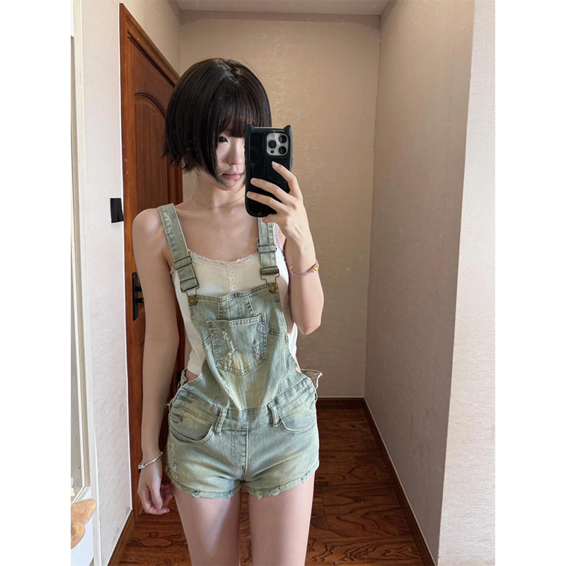 美式复古做旧水洗磨皮牛仔背带裤搭配蕾丝拼接短款吊带上衣两件套