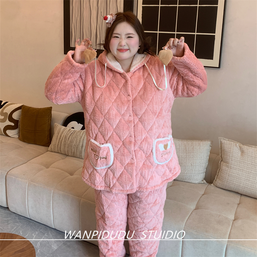 顽皮肚肚大码胖MM200斤冬蛋糕绒三层夹棉加厚连帽粉色少女家居服