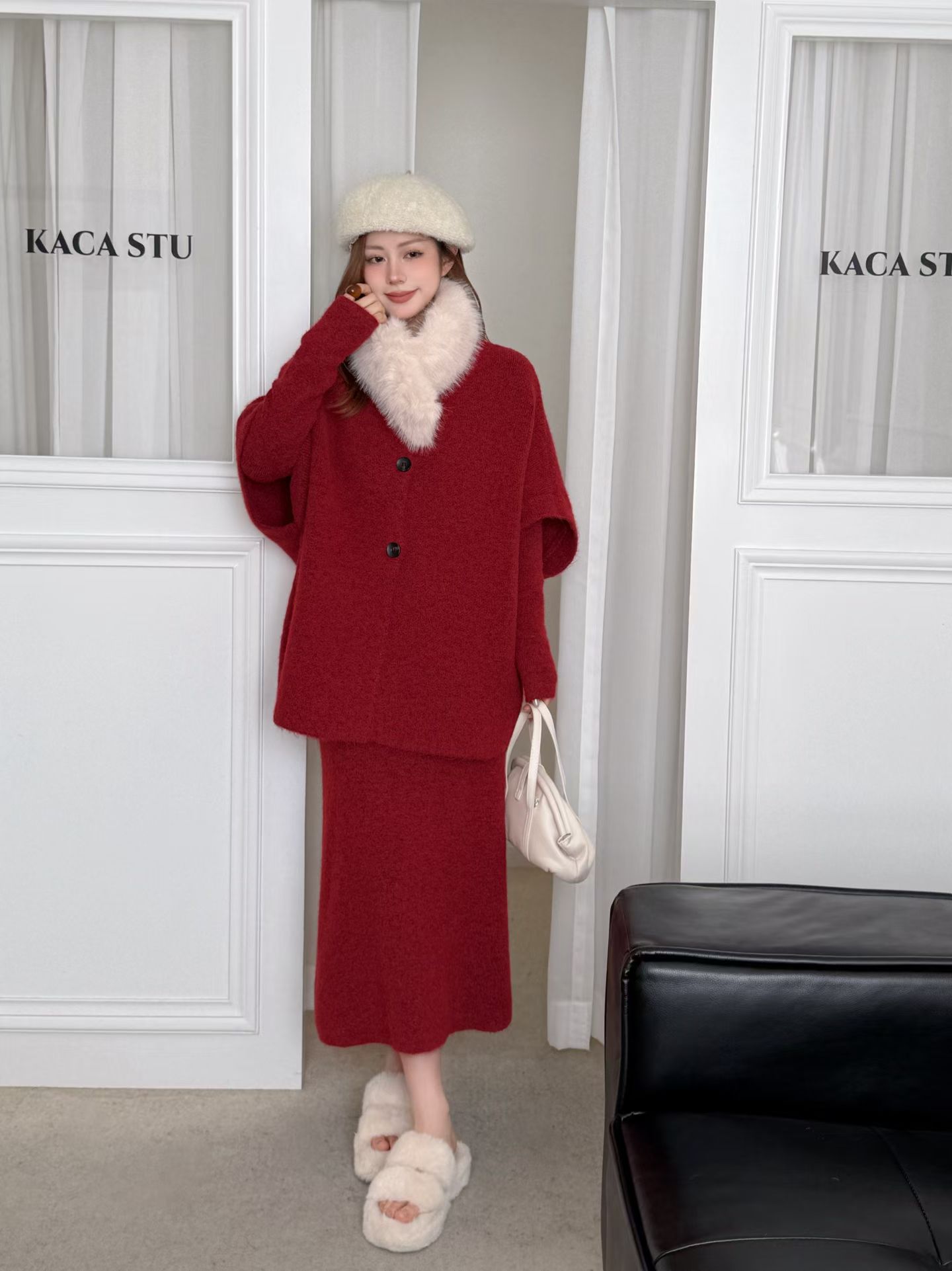 气质老钱风氛围感宽松慵懒三件套装秋冬打底毛领蝙蝠开衫针织长裙