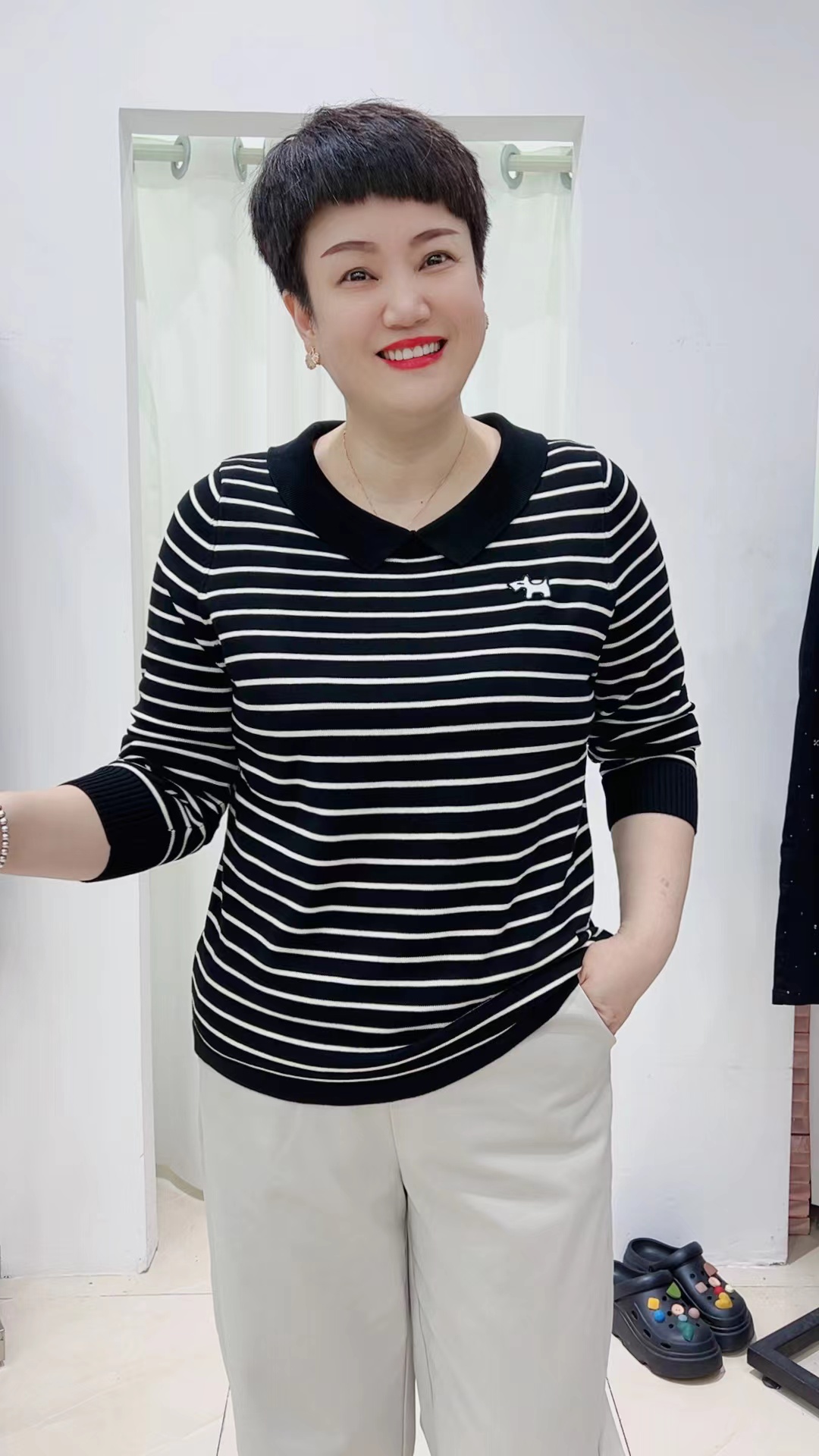 冯小姐时尚大码女装（休闲百搭显瘦洋气减龄遮肉经典长袖条纹T恤5）