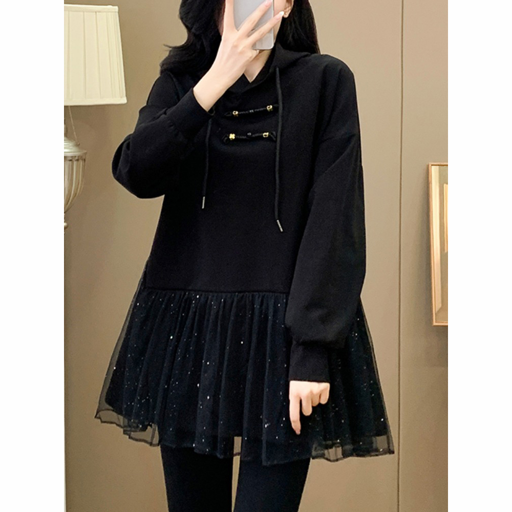 网纱拼接连帽卫衣连衣裙女2025秋季新款宽松显瘦百搭长袖a字短裙