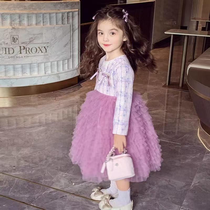 洋气春秋儿童小香风连衣裙秋冬装2024儿中童新款蛋糕宝宝公主裙子