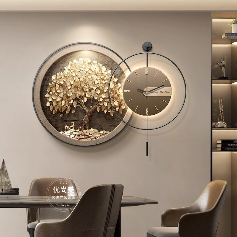 发财树餐厅装饰画2025新款客厅钟表时钟挂画轻奢高级感圆形壁画灯