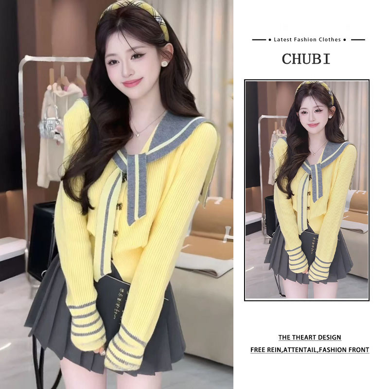 韩系撞色设计感海军领针织上衣时尚显瘦百褶裙两件套女装2025新款