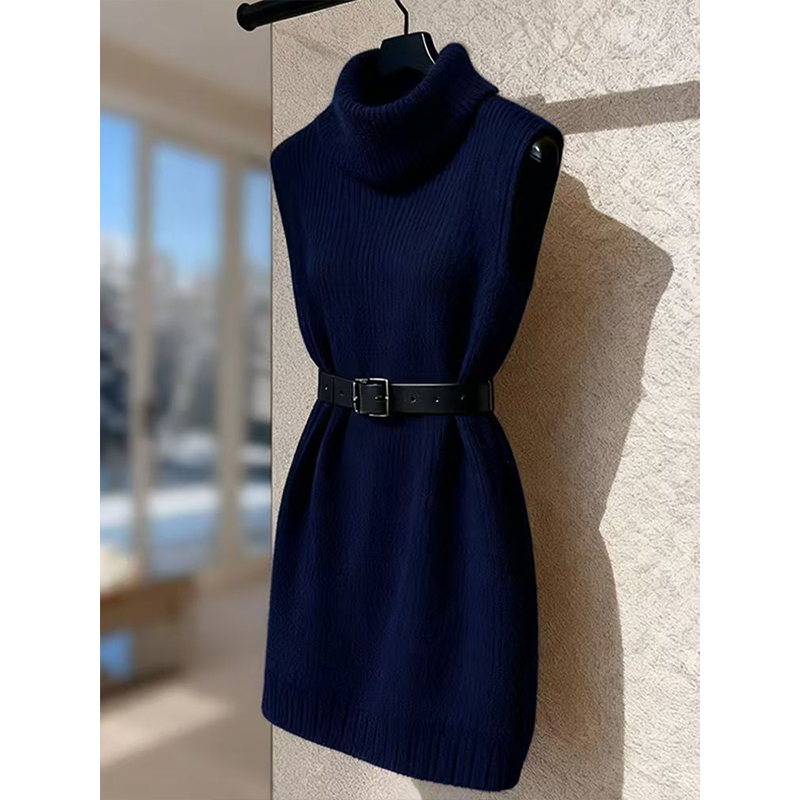 出席重要场合的裙子小个子气质收腰叠穿藏蓝色针织高领背心连衣裙