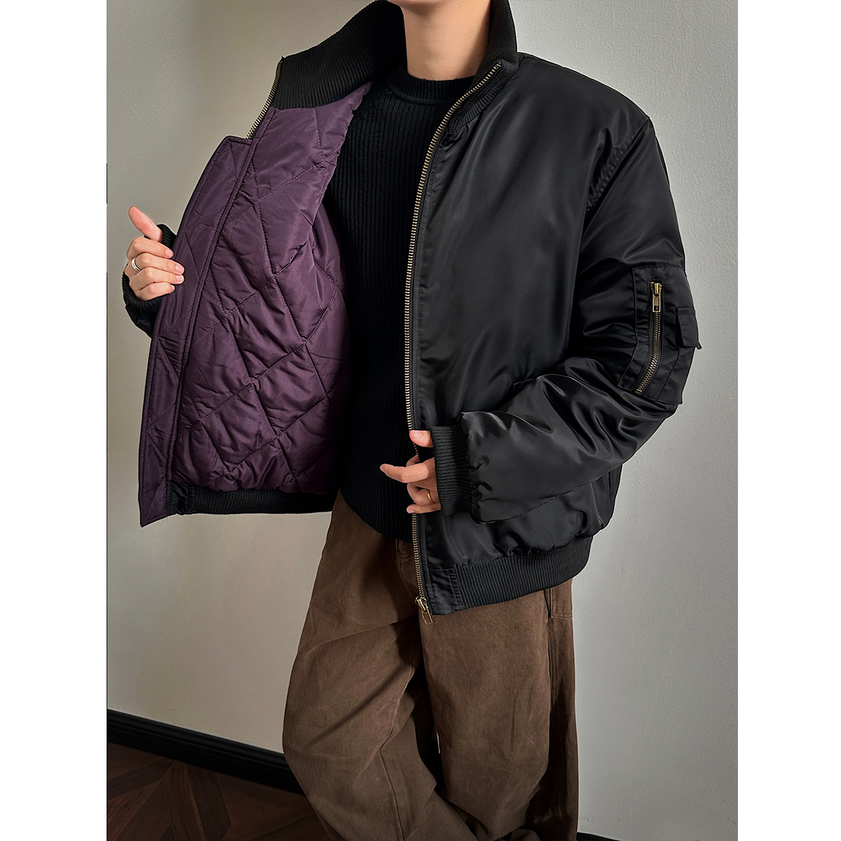 紫色菱格加棉内衬棉服外套男冬季痞帅高级感棉衣立领加厚工装棉袄