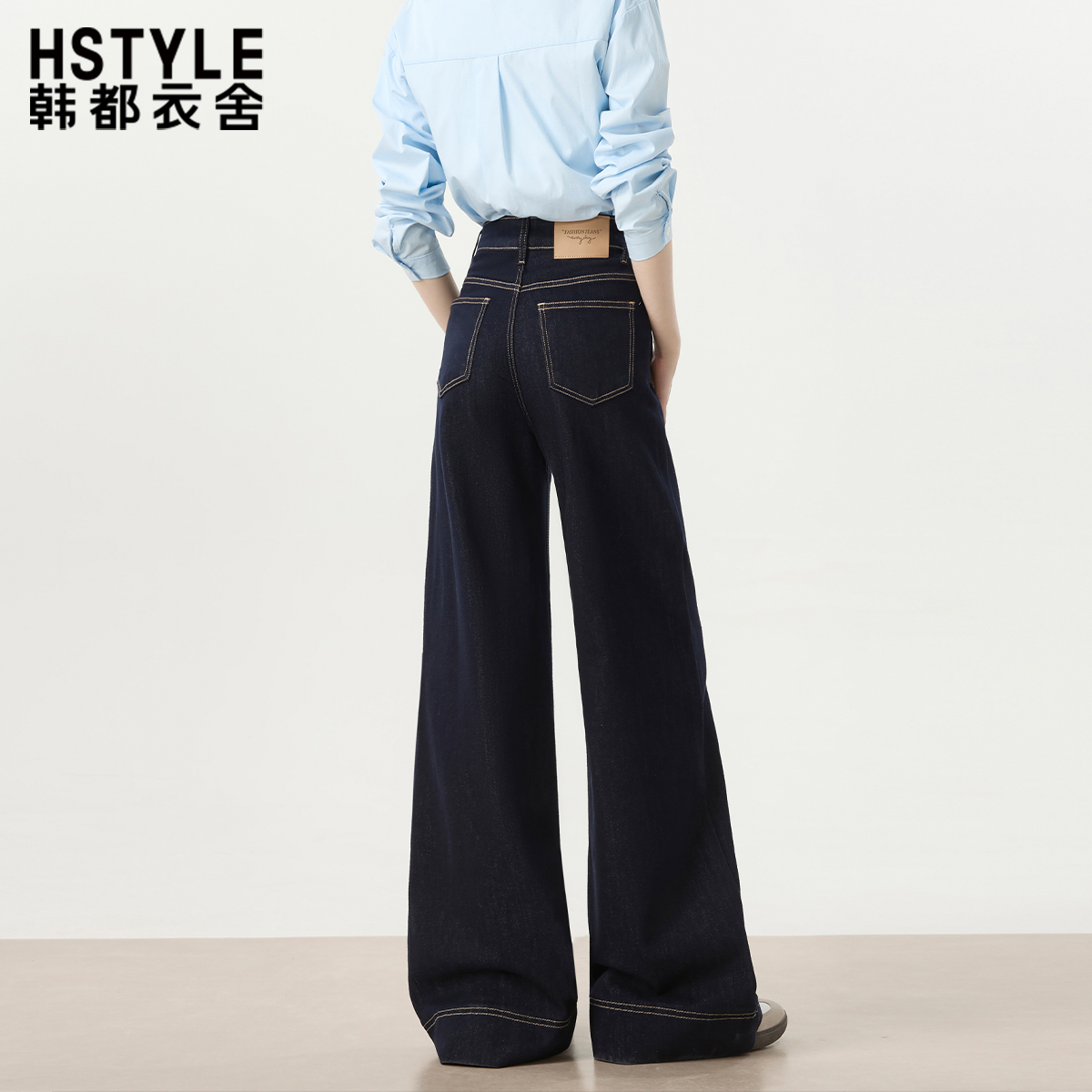 韩都衣舍爆款加绒丹宁蓝宽松阔腿牛仔裤女2025秋冬高级百搭拖地裤