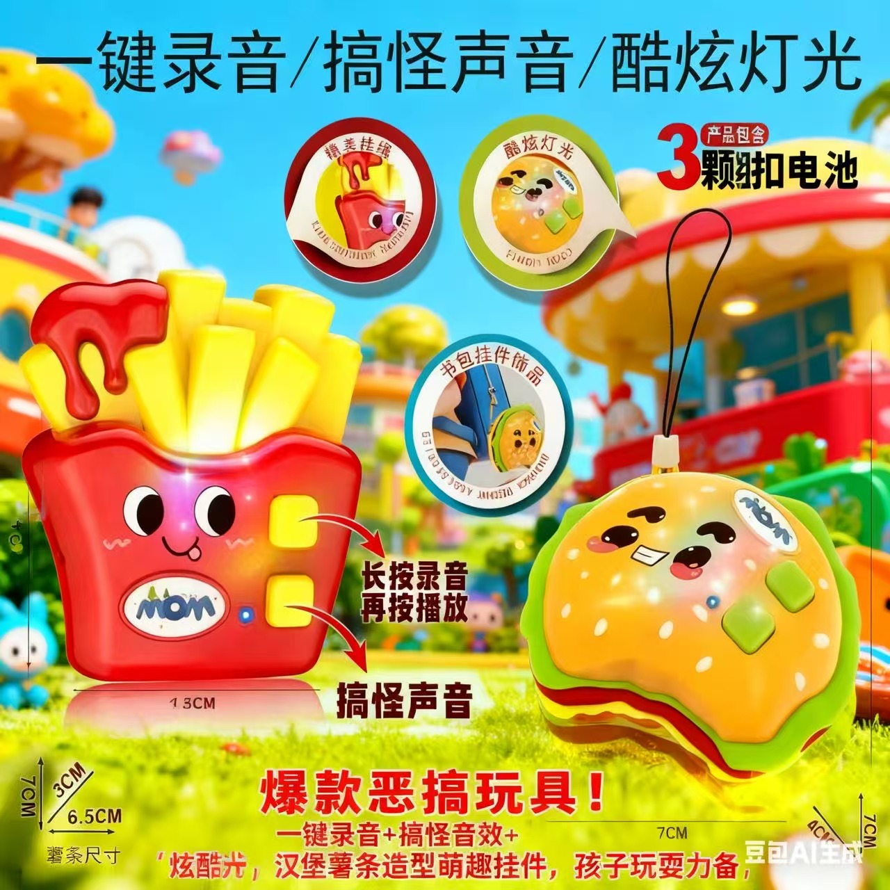 爆款创意汉堡玩具发光可录音整蛊声音玩具汉堡薯条挂件小众礼物