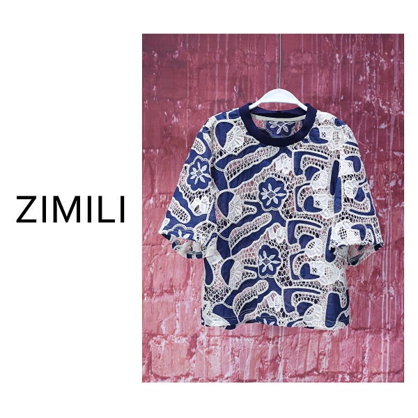 【亮哥女装】2025欧版重工设计杏色撞蓝勾花蕾丝时尚短袖8999-B5