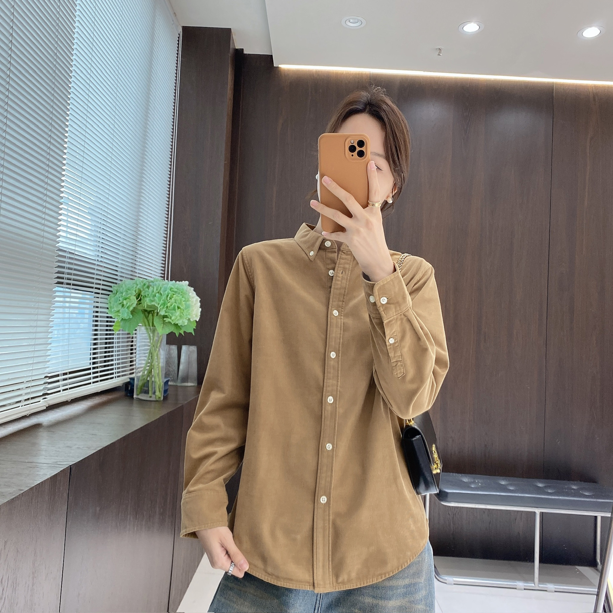 IMFLY金小金自制女装 薄绒衬衫DYW10237秋冬纯色翻领长袖衬衫