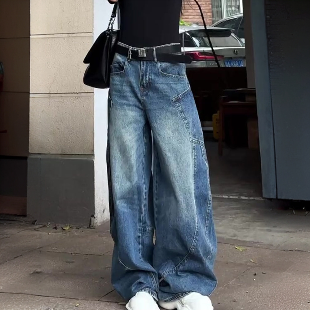 大码美式个性拼接大口袋弯刀牛仔裤女宽松显瘦垂感直筒阔腿拖地裤
