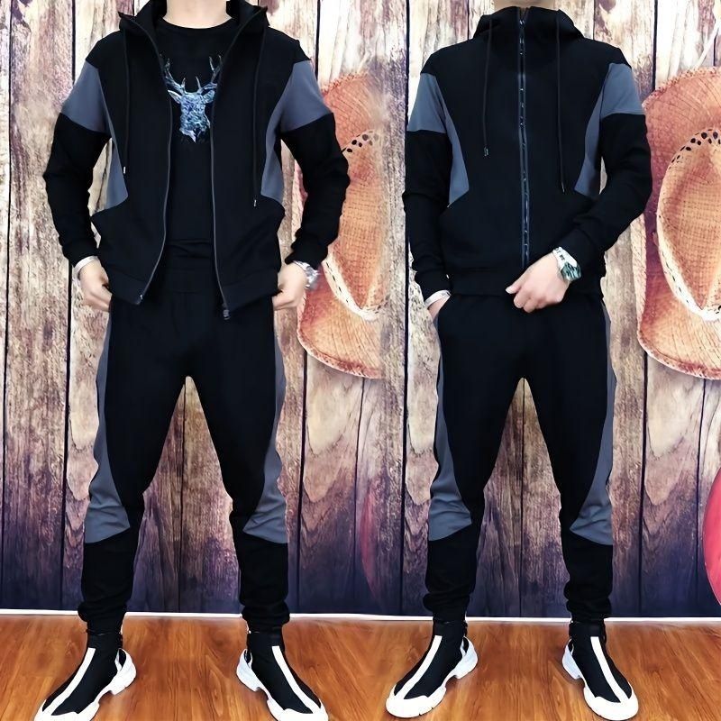 运动套装2025新款男士时尚休闲套装潮流拼色长袖百搭宽松两件套