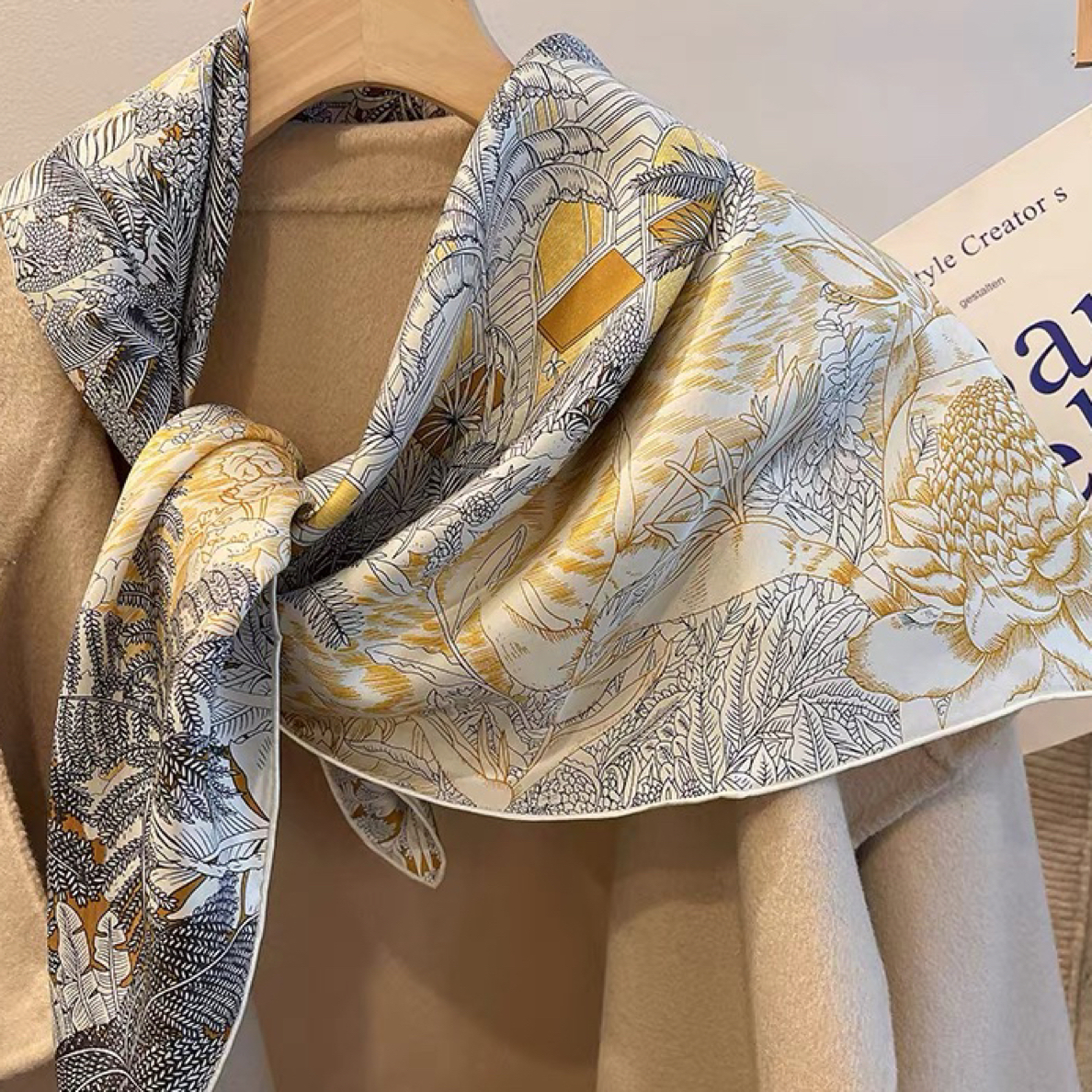 【热带丛林福宝】轻奢雅米色100%桑蚕丝14姆米真丝85cm大方巾 洋气