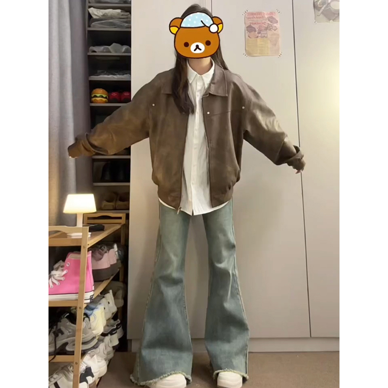 咖啡色皮衣外套男女秋季小众翻领棒球服美式复古情侣正肩飞行夹克