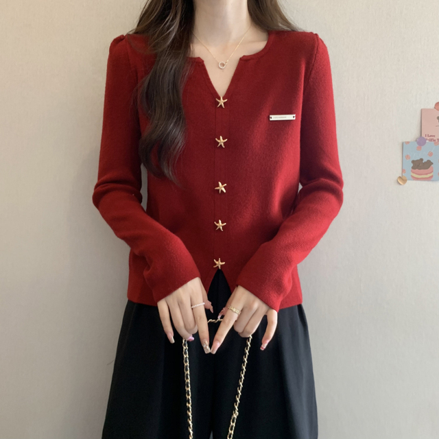 2025秋冬大尺码宽松胖mm洋派减龄毛衣女V领红色上衣内搭针织打底