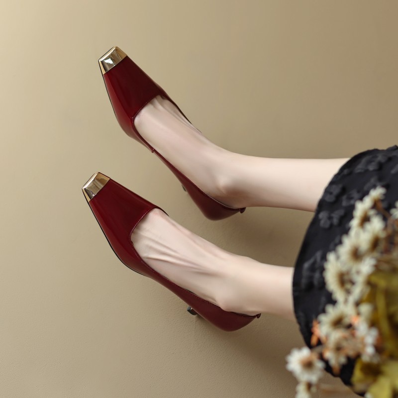 酒红色高跟鞋女国潮新款尖头细高跟4041女款大码单鞋法式中跟浅口